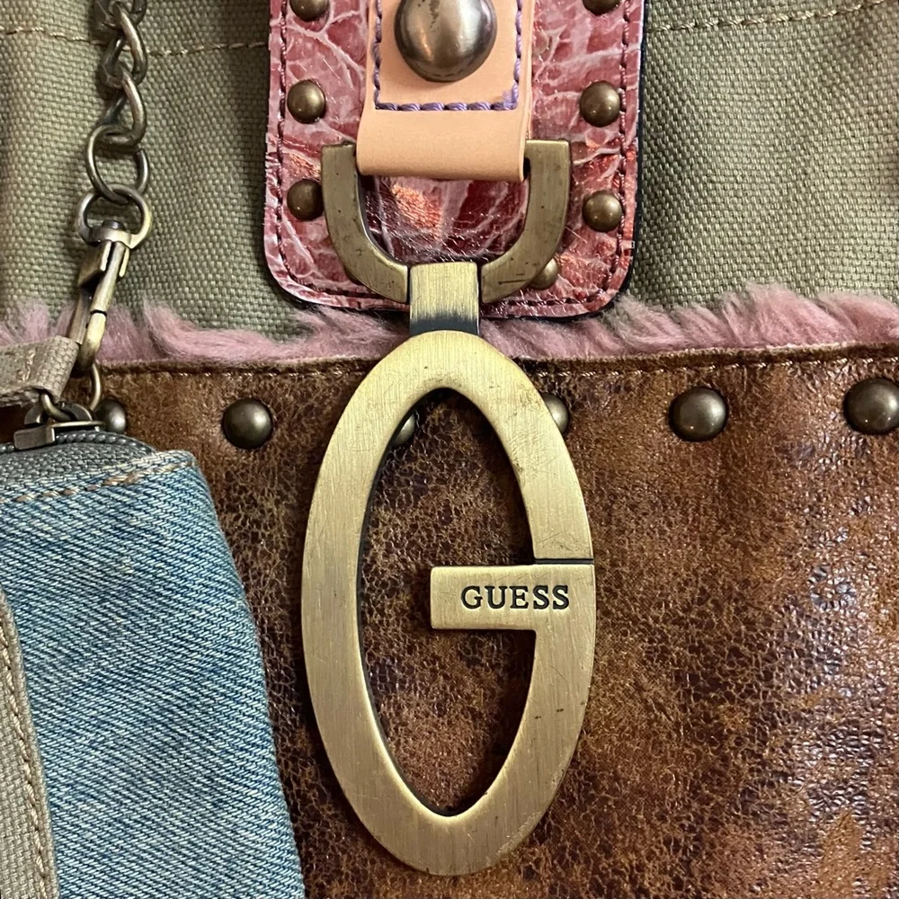 Vintage Y2k Guess Patchwork Reversible Tote Boho Fairycore Grunge Brass G Logo